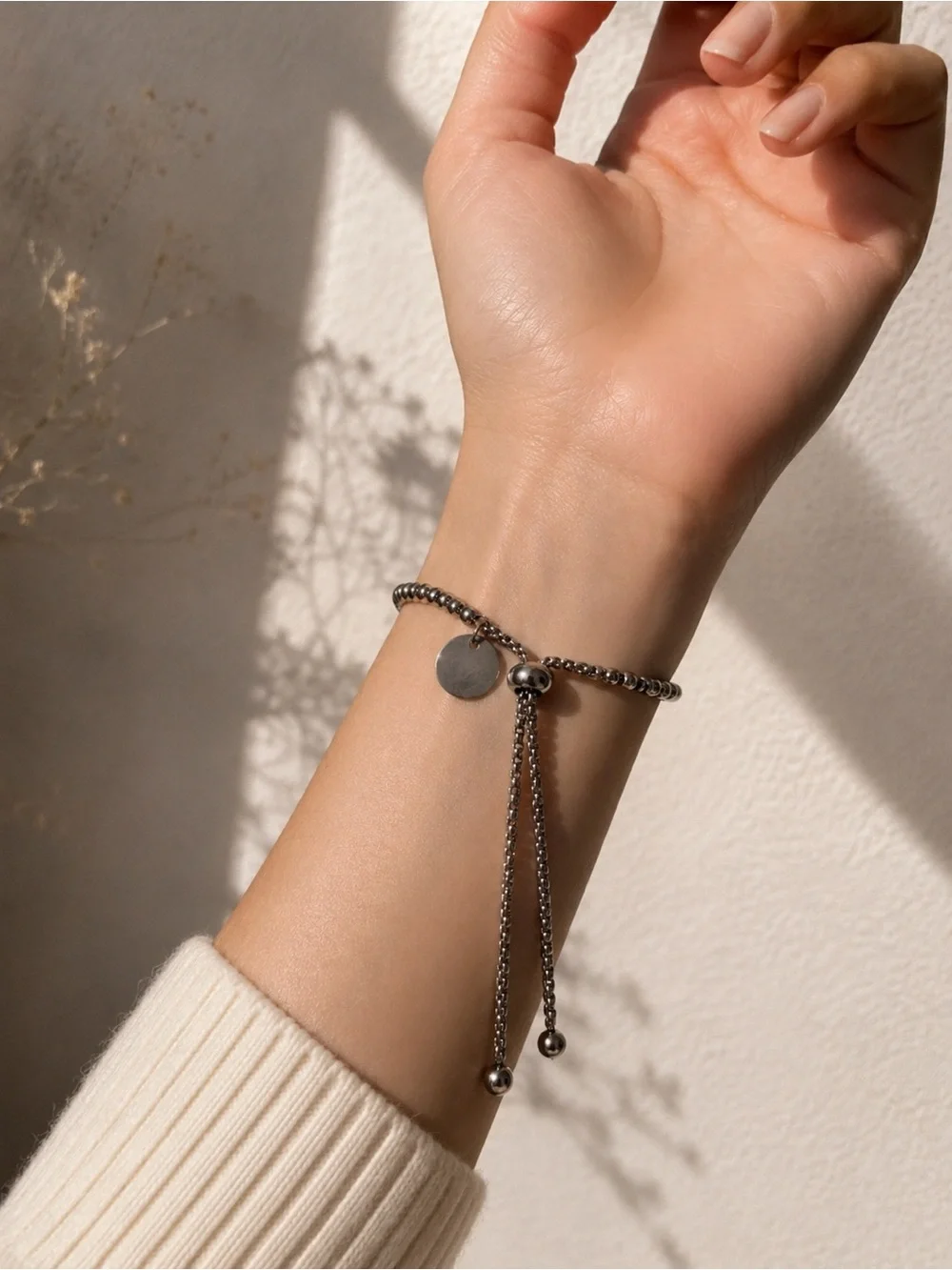 Stainless Steel Beaded Adjustable Bracelet - Silver